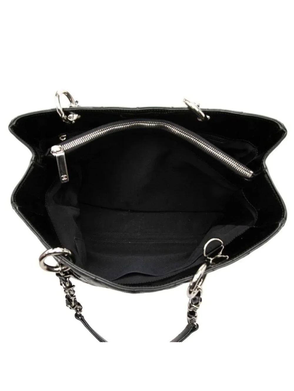 Chanel Quilted CC Logo Chain Tote Bag Black Patent Leather
